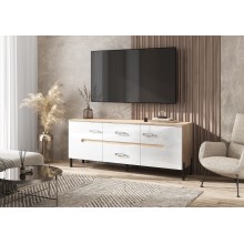 Тумба под ТВ арт.24.148.14.1 фасад МДФ белый глянец холодный/ каркас ЛДСП дуб сонома 1600х420хh653мм 